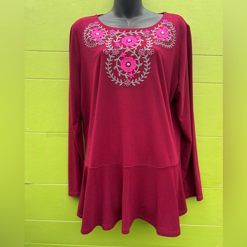 DENNIS By DENNIS BASSO Caviar Crepe Peplum Burgundy Fushia Embroidered Large-NEW